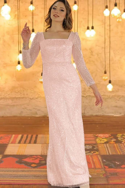 Luxurious Long Sleeves Square Long Evening Dress With Beading