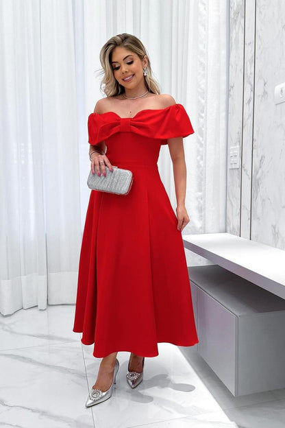 Stunning Red Satin Off the Shoulder Strapless A Line Prom Dress with Pleated