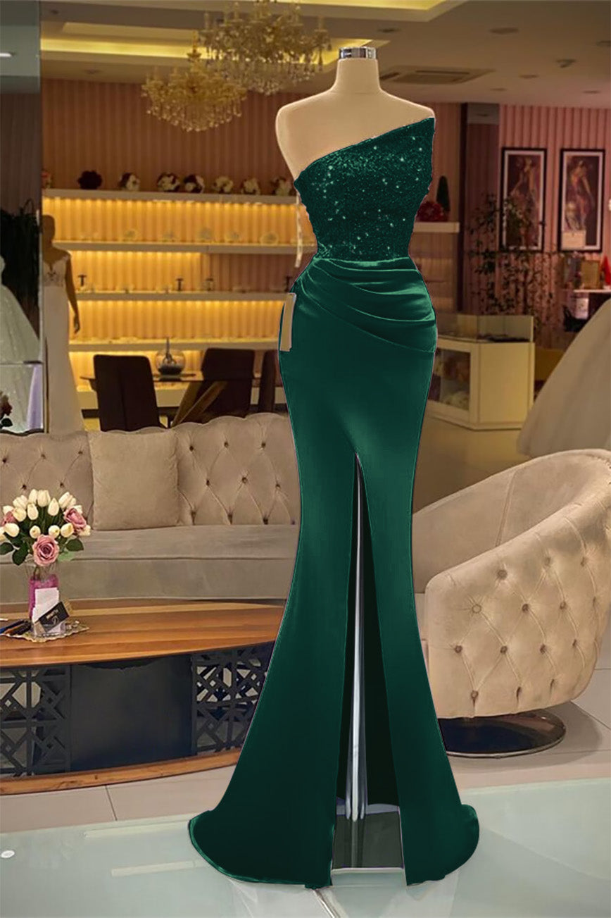 Light Purple Sleeveless Strapless Mermaid Prom Dress Long Slit with Sequins