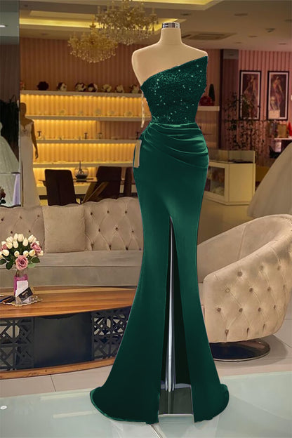 Light Purple Sleeveless Strapless Mermaid Prom Dress Long Slit with Sequins