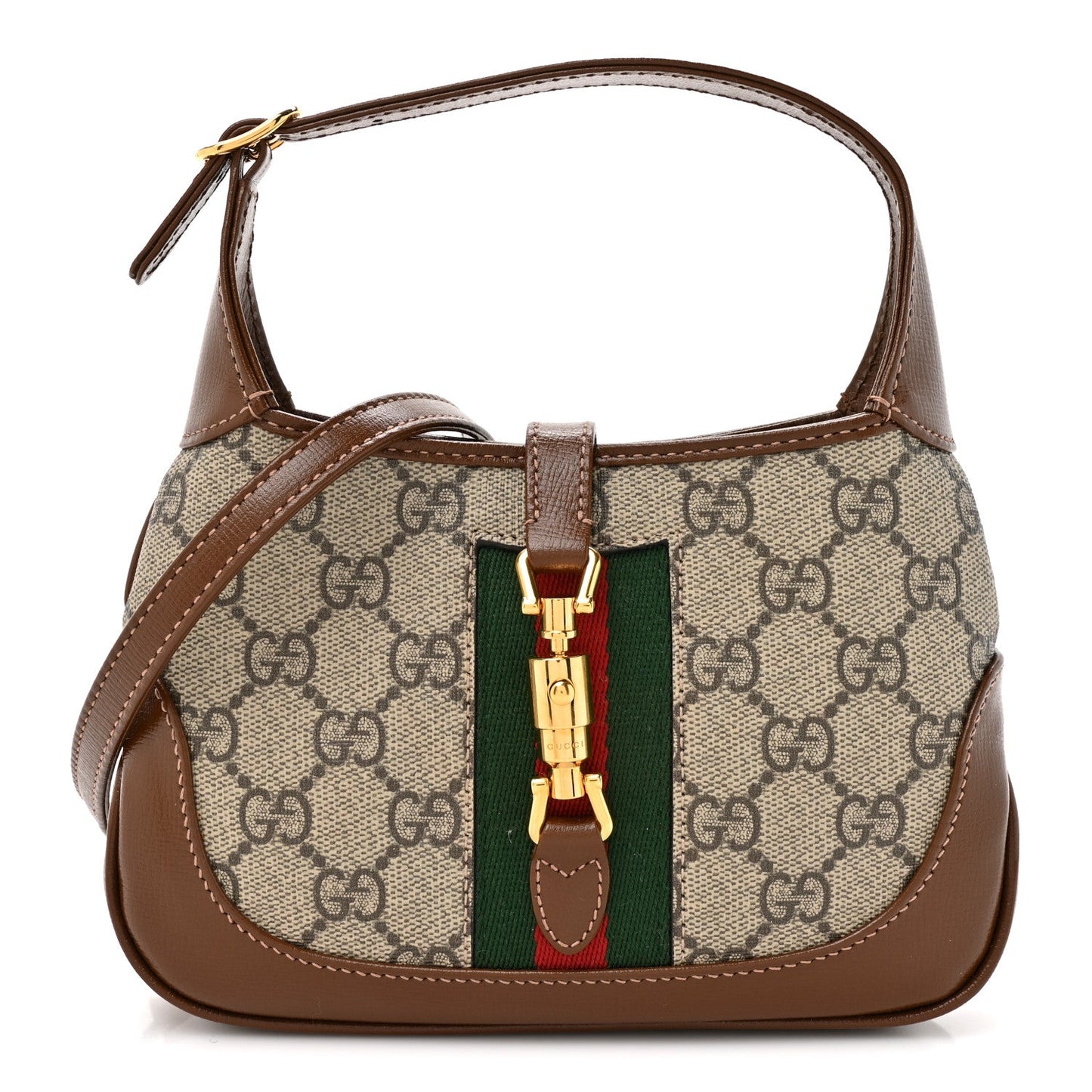 GG Supreme Monogram Azalea Calfskin Web Mini Jackie 1961 Hobo Beige Ebony Brown Sugar