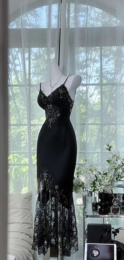 Sexy Black Mermaid Spaghetti Strap Beaded Lace Chiffon Evening Dress Party Dress SH3727
