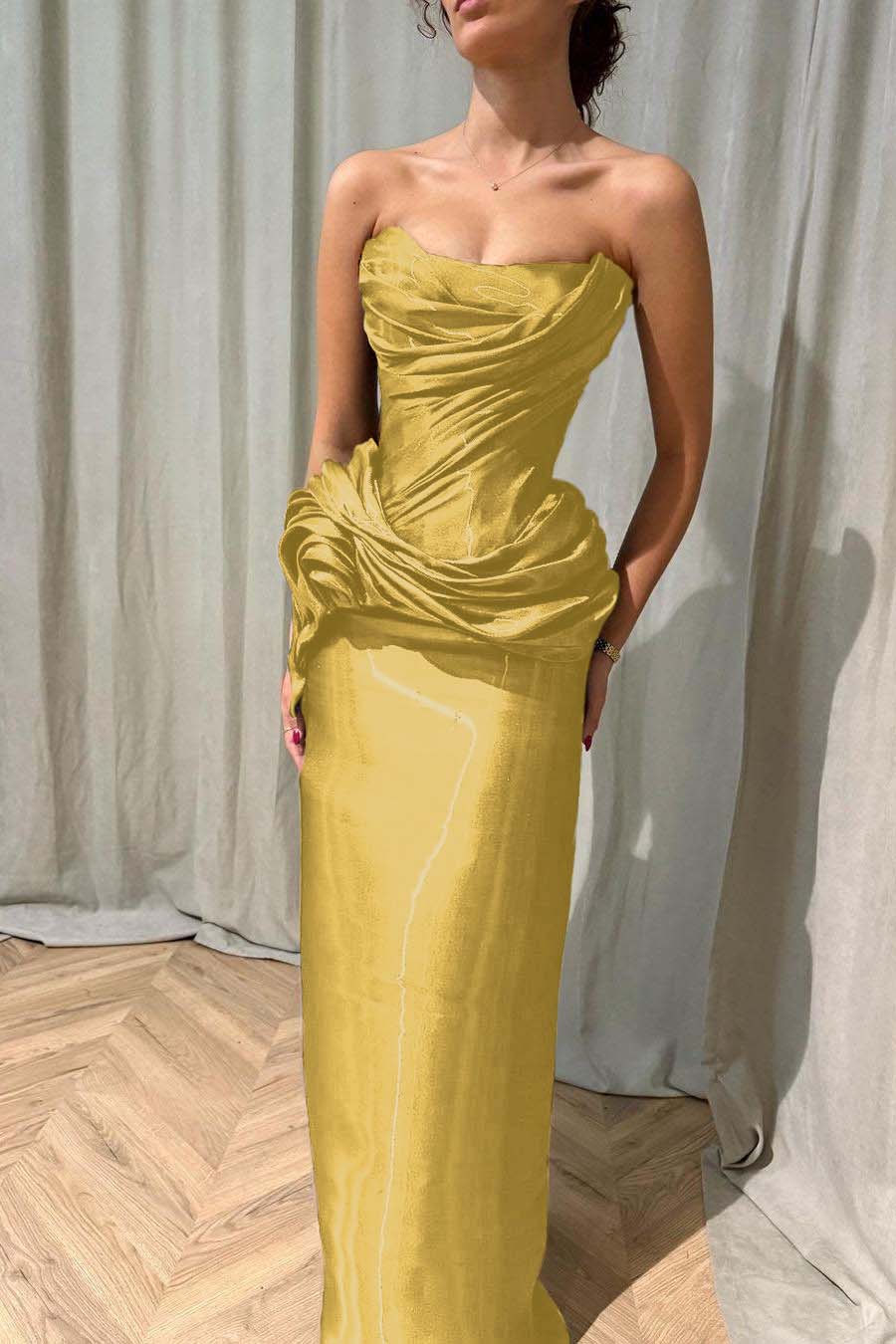 Glamorous Dark Navy Sleeveless Strapless Long Slim Prom Dress with Pleated