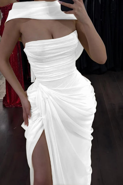 Elegant Yellow Sleeveless Strapless Split Long Evening Dress With Scarf