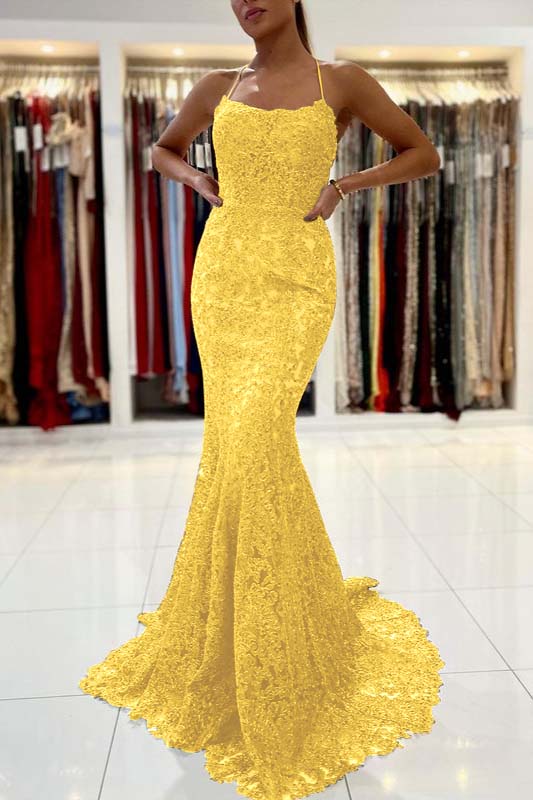Gold Appliques Long Halter Straps Mermaid Evening Dress
