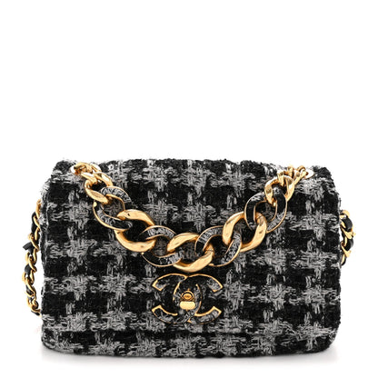 Wool Tweed Quilted Small Elegant Chain Flap Black Grey