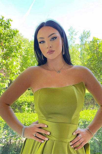 Elegant Strapless A-Line Prom Dress Green With Slit