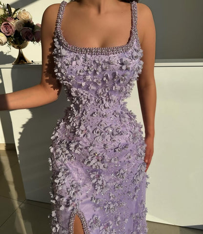 Purple Sleeveless Spaghetti Straps Mermaid Prom Dress With Beads