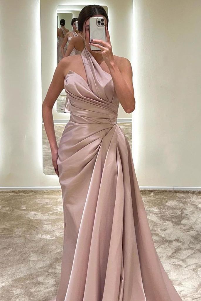Charming Blush Pink Satin Sleeveless Strapless Halter Long Prom Dress with Pleated