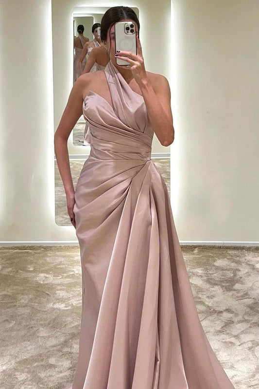 Charming Blush Pink Satin Sleeveless Strapless Halter Long Prom Dress with Pleated