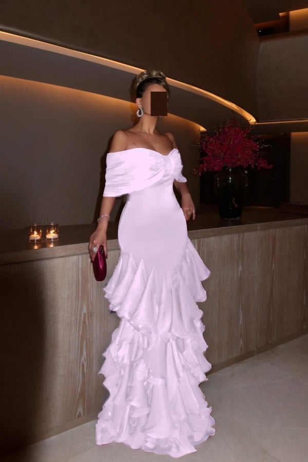 Glamorous Orchid Off the Shoulder Ruffles Evening Dress with Pleated