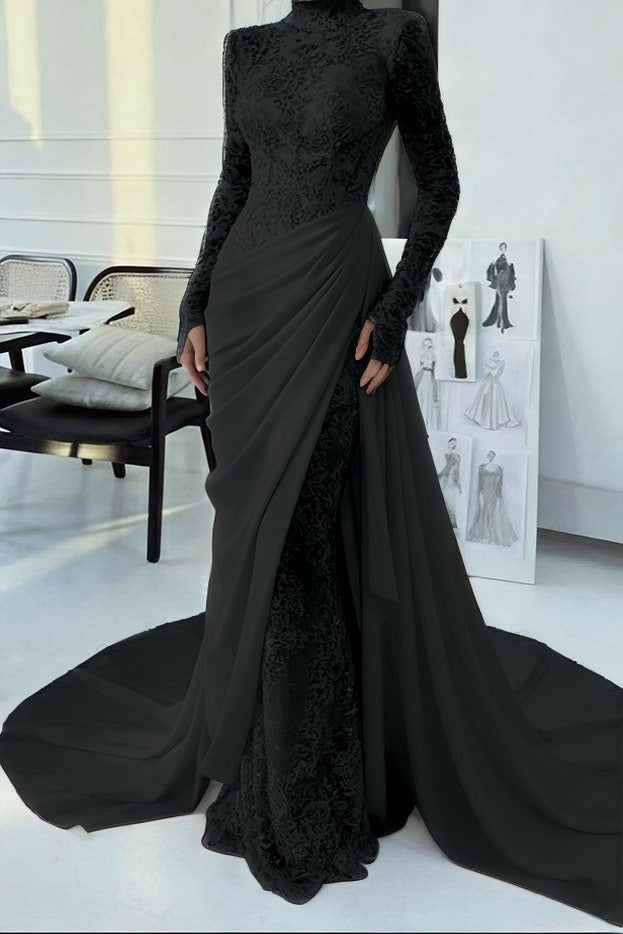 Glamorous Lace Burgundy High Neck Long Sleeves Evening Dress With Appliques