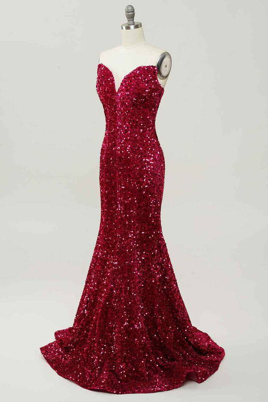 Red Sreapless Empire Mermaid Sequin Prom Party Dress