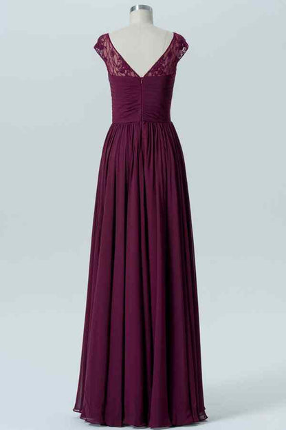 Raspberry A-line Lace Illusion Cap Sleeves Pleated Chiffon Long Bridesmaid Dress
