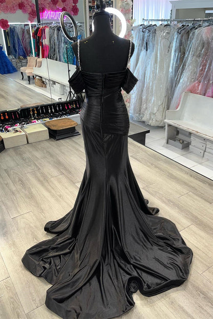Black Beaded Bust Off-Shoulder Mermaid Satin Long Prom Dress