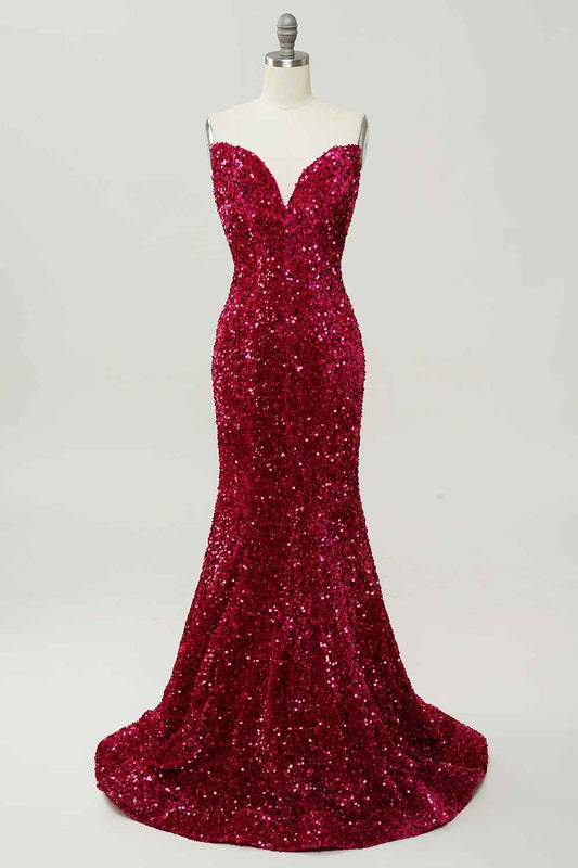 Red Sreapless Empire Mermaid Sequin Prom Party Dress