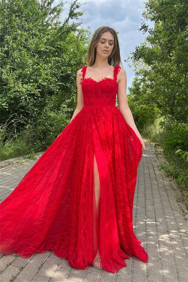 Evening Dress With Sleeveless Appliques Online Front Slit Red