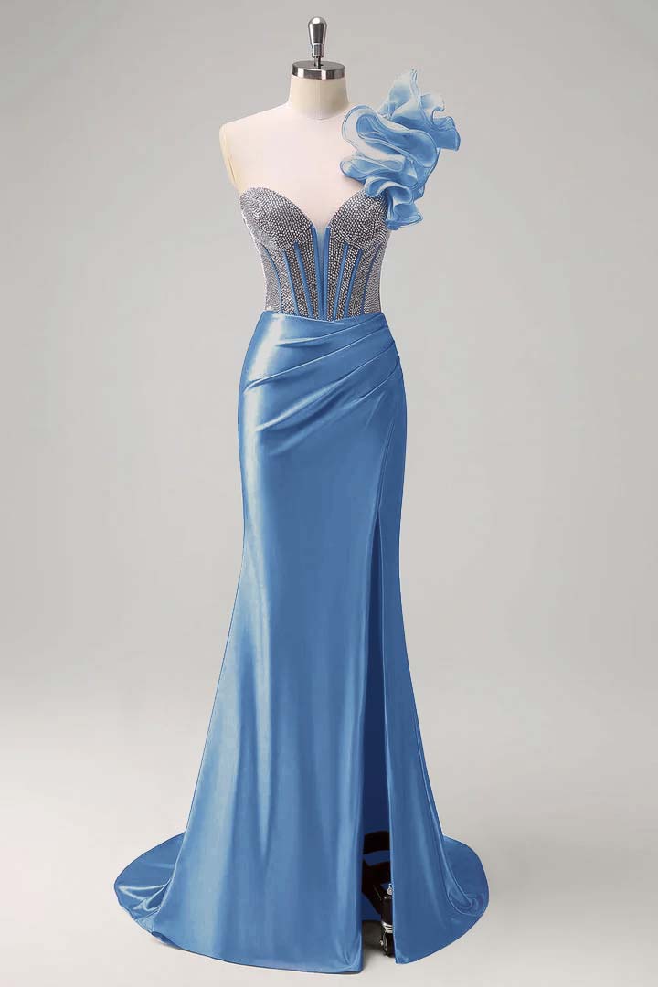 Strapless Handmade Flower Backless Mermaid Slit Prom Dress With Beading