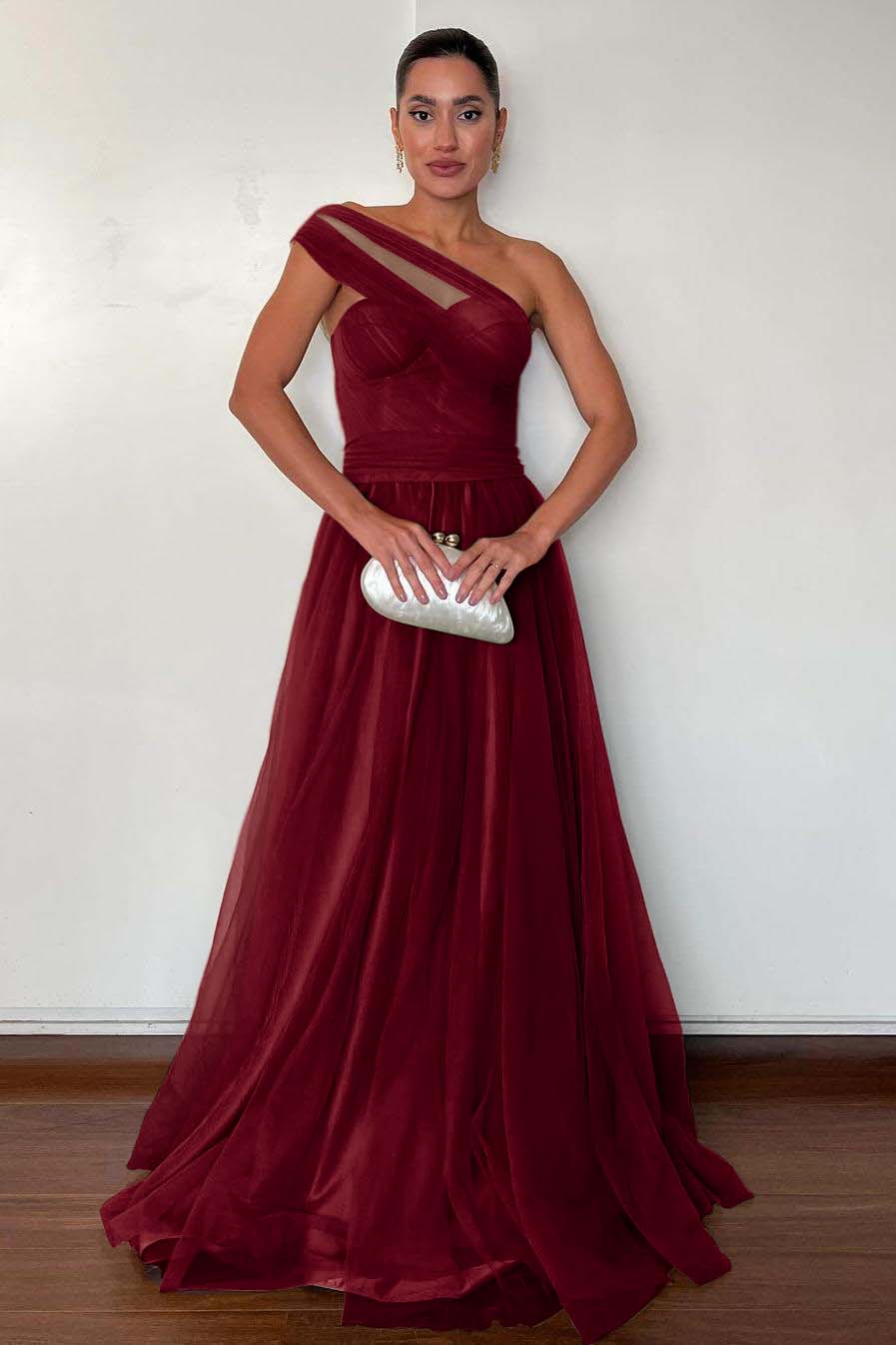 Stunning Green Tulle One Shoulder Sleeveless Long Prom Dress with Pleated