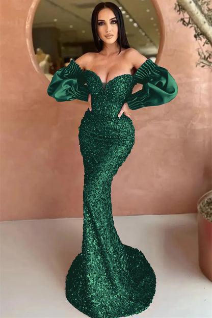 Sweetheart Long Sleeves Evening Dress With Sequins Mermaid Off-The-Shoulder