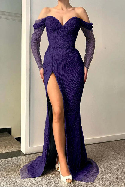 Blue Long Sleeves Off-The-Shoulder Sweetheart Sequins Evening Dress With Split Mermaid