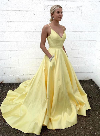 Yellow v neck satin long prom dress, yellow evening dress KS1974