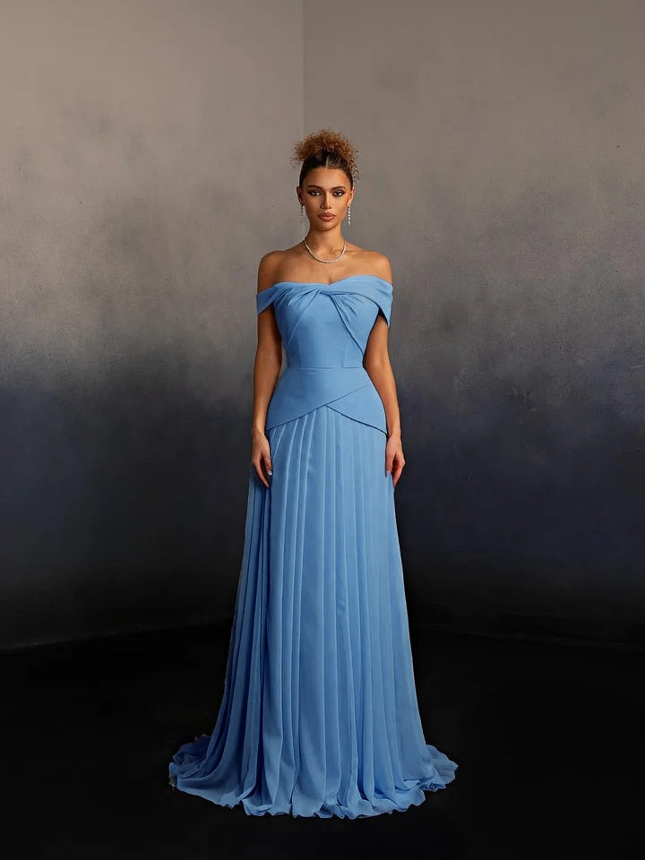 Glamorous Pink Off-The-Shoulder Pleated Long Evening Dress
