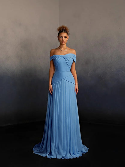 Glamorous Pink Off-The-Shoulder Pleated Long Evening Dress