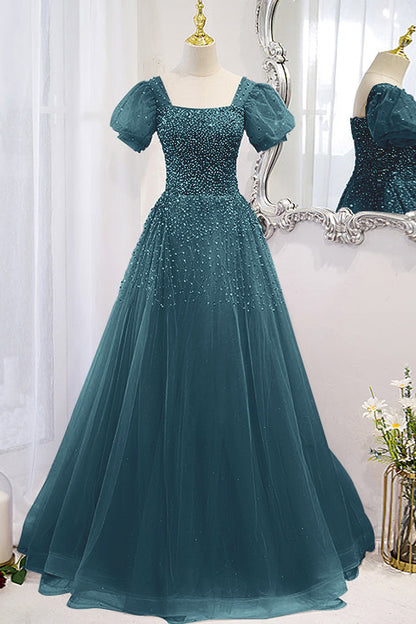 Lace-Up Prom Dress Beadings Short Sleeves With Square Online