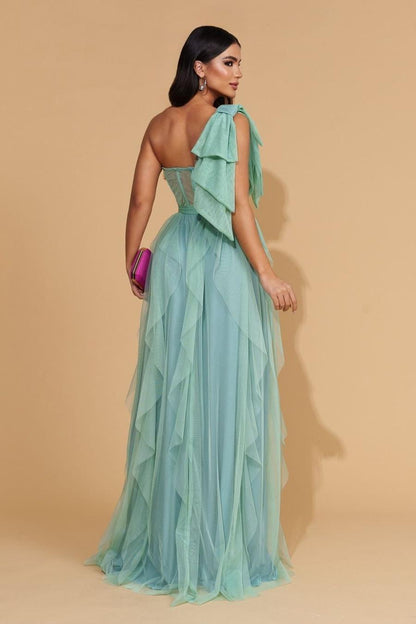 Glamorous Mint Tulle Sleeveless One Shoulder Long Prom Dress with Ruffles