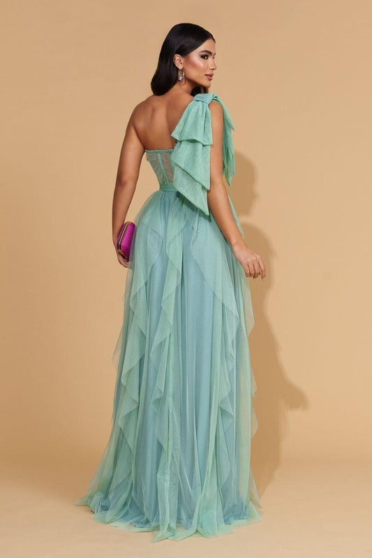 Glamorous Mint Tulle Sleeveless One Shoulder Long Prom Dress with Ruffles