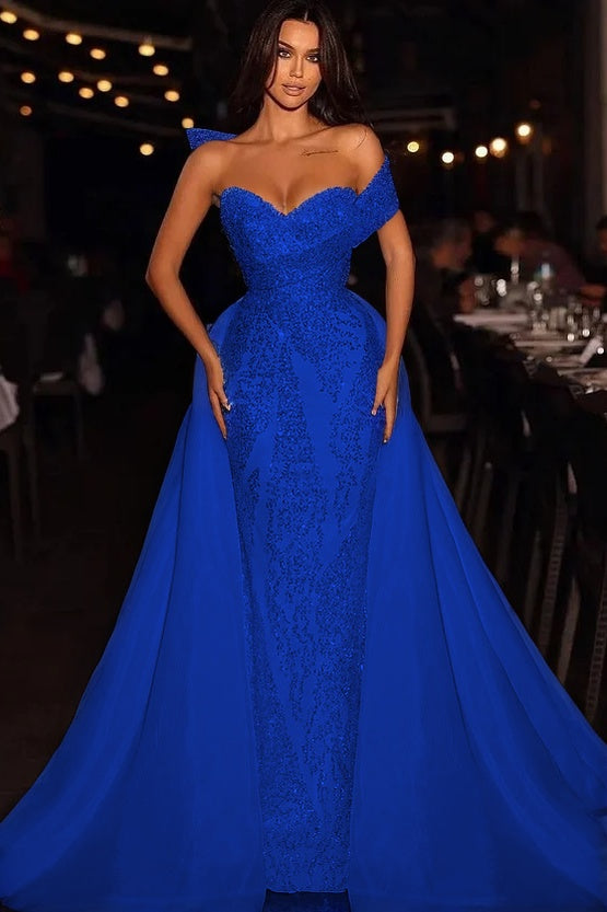 Baby Blue Embroidery Sleeveless Strapless One-Shoulder Mermaid Beads Prom Dress