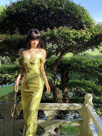 Elegant Sheath Straps Print Flower Green Satin Party Dress Evening Dress SH2867