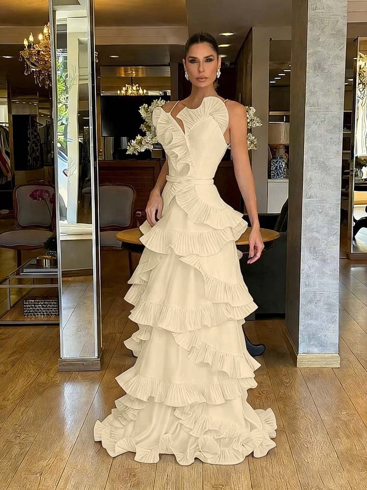 Structured Spaghetti Straps Sleeveless Ruffles Floor Length Evening Dress