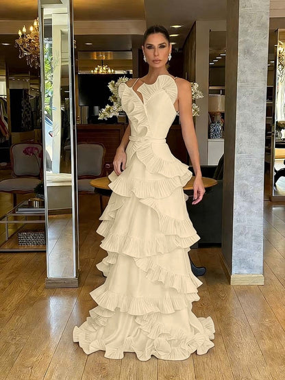 Structured Spaghetti Straps Sleeveless Ruffles Floor Length Evening Dress