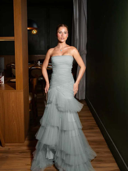 Stunning Straight Across Sleeveless Pleated Tulle Mermaid Evening Dress