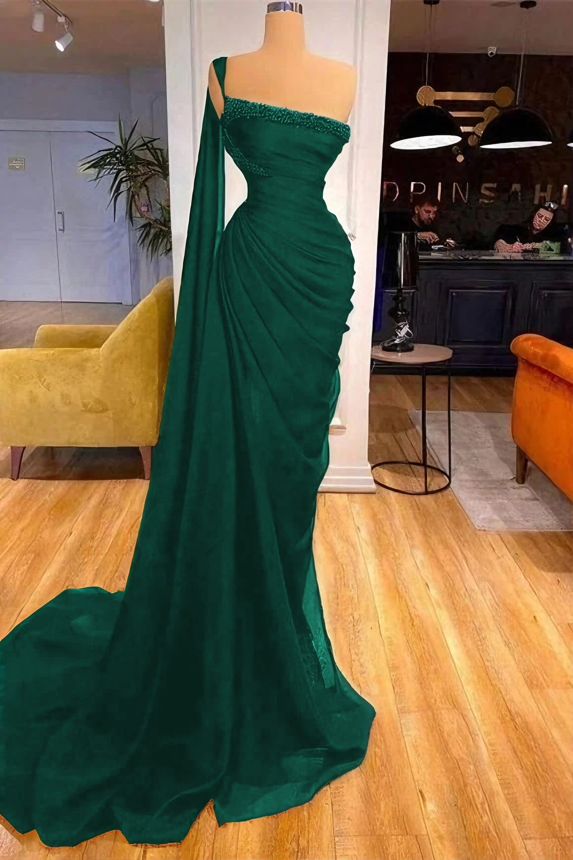 One Shoulder Mermaid Ideal Black Prom Dress With Beads
