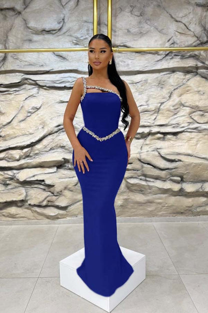 Red Beaded Mermaid One-Shoulder Prom Dress