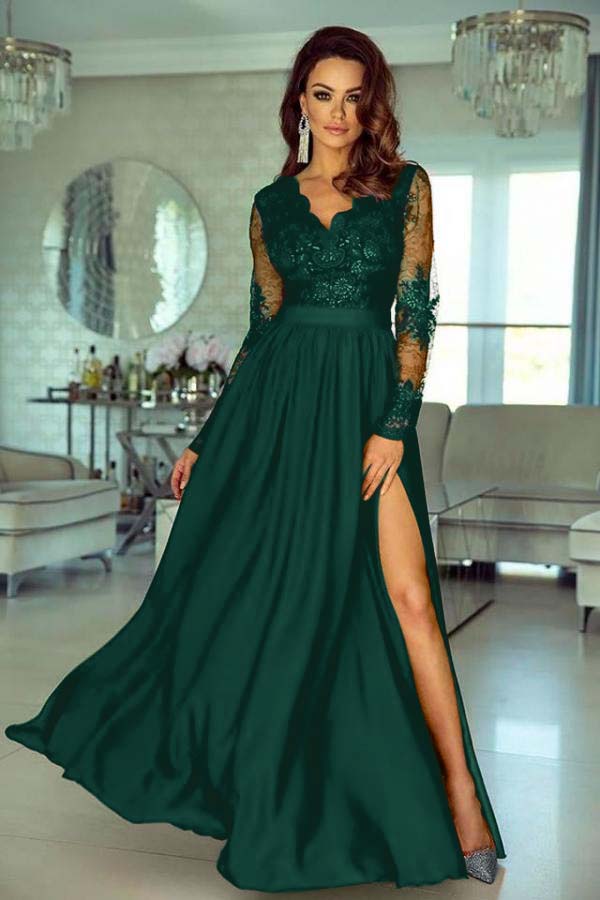 V-Neck Long Sleeve Lace Prom Dress With Slit