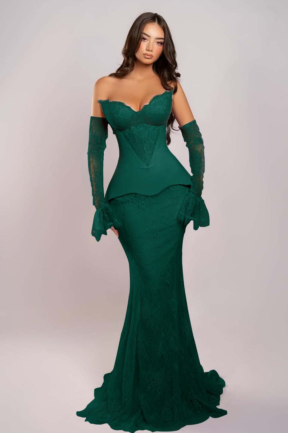 Elegant Pink Sleeveless V-Neck Strapless Lace Mermaid Prom Dress With Appliques