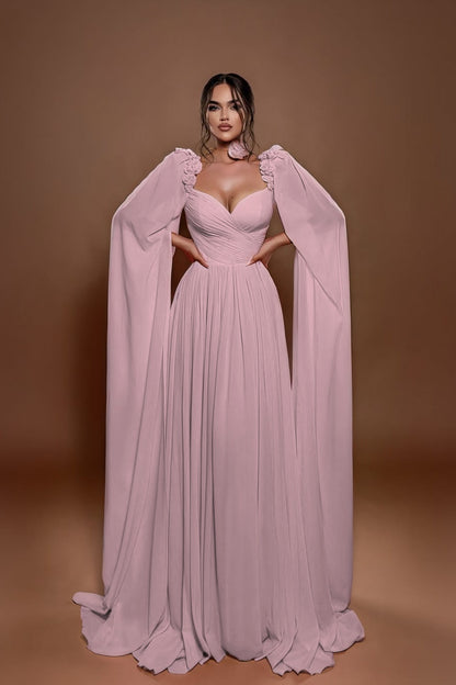 Chic A Line Sleeveless Long Pleated Prom Dress With Shoulder Cape