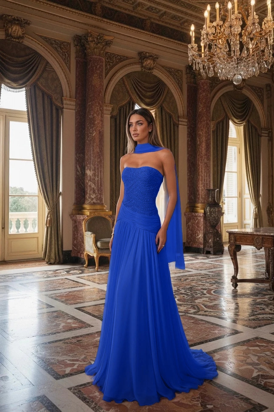 Strapless Beadings Sleeveless Square Prom Dress With Scarf