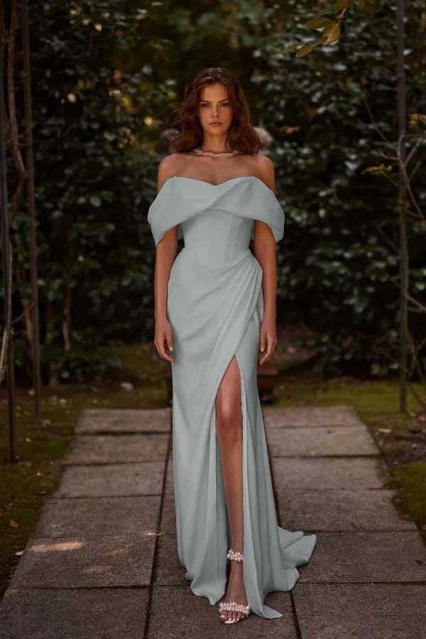 White Off-the-Shoulder Long Prom Dress Split with hand sleeve