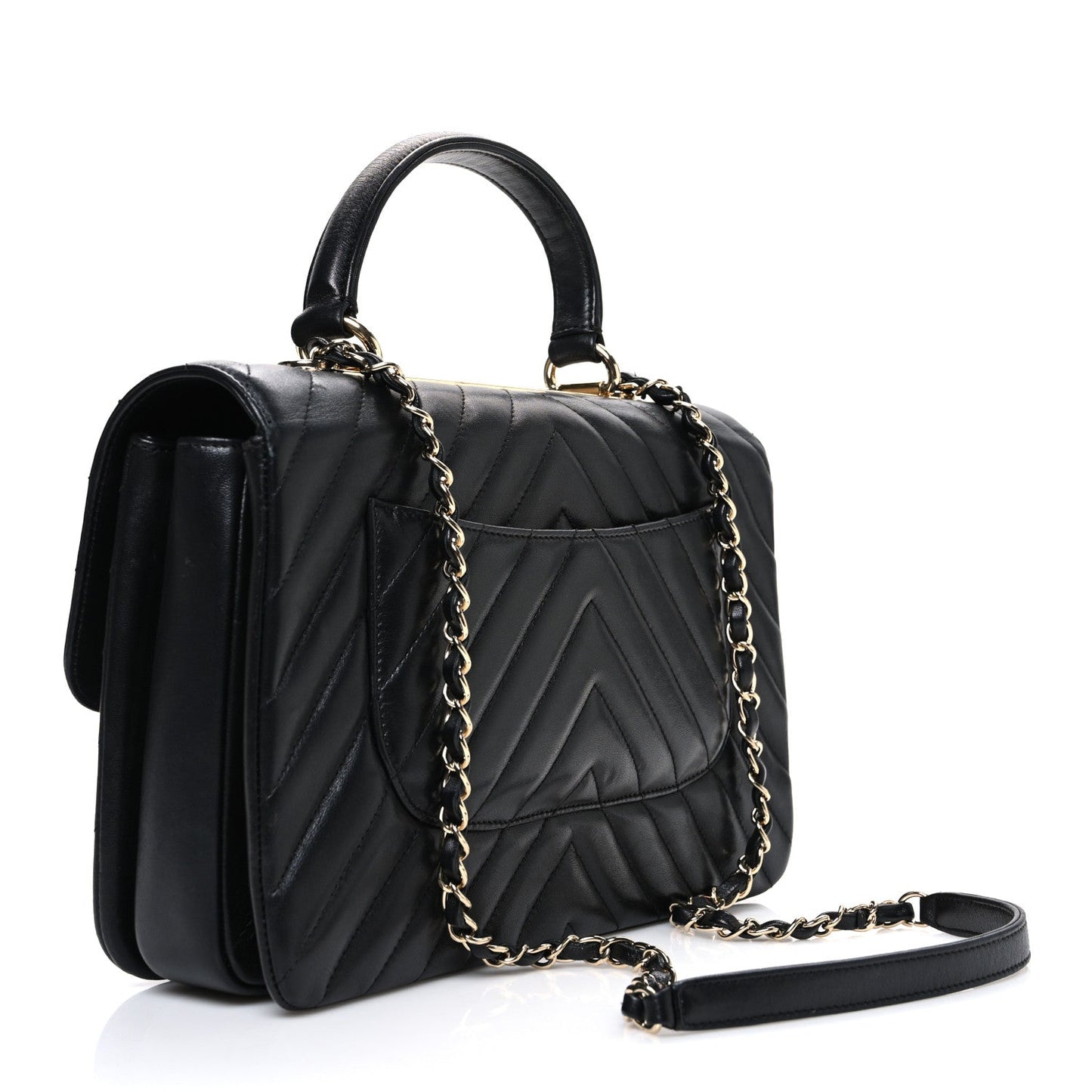 Lambskin Chevron Quilted Medium Trendy CC Dual Handle Flap Bag Black