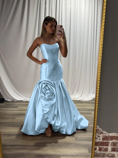 Dreamy Pearl Pink Straight Across Handmade Flower Mermaid Evening Dress