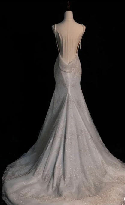 Elegant White Mermaid Spaghetti Straps Sequin Tulle Open Back Long Party Dress Date Dress SH3688