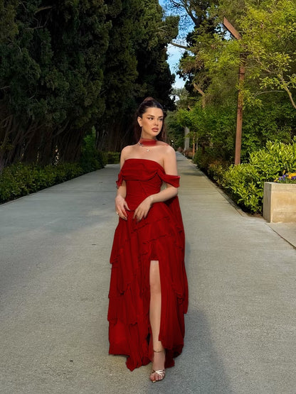 Dreamy Daffodil Off-The-Shoulder Split Ruffles Chiffon Evening Dress With Scarf