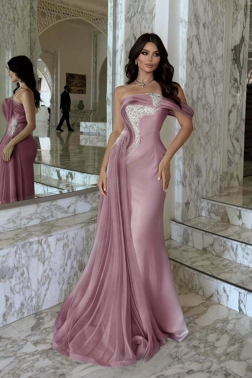 Elegant Pink Satin One Shoulder Beaded Strapless Prom Dress with Train