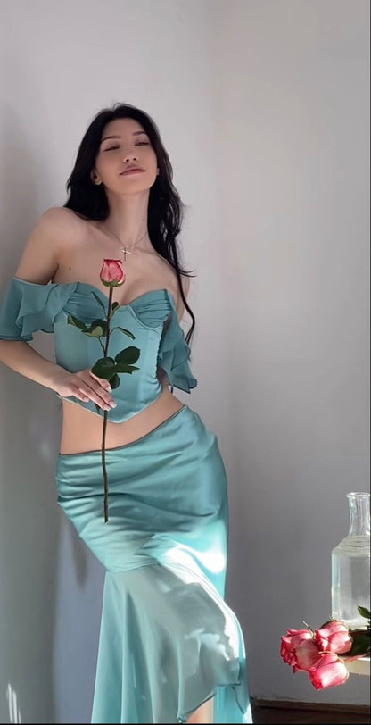 Gentle Mermaid Off the Shoulder Two Piece Chiffon Satin Party Dress Evening Dress SH2862