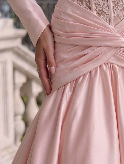 Charming Long Sleeves Square A-Line Pleated Satin Evening Dress